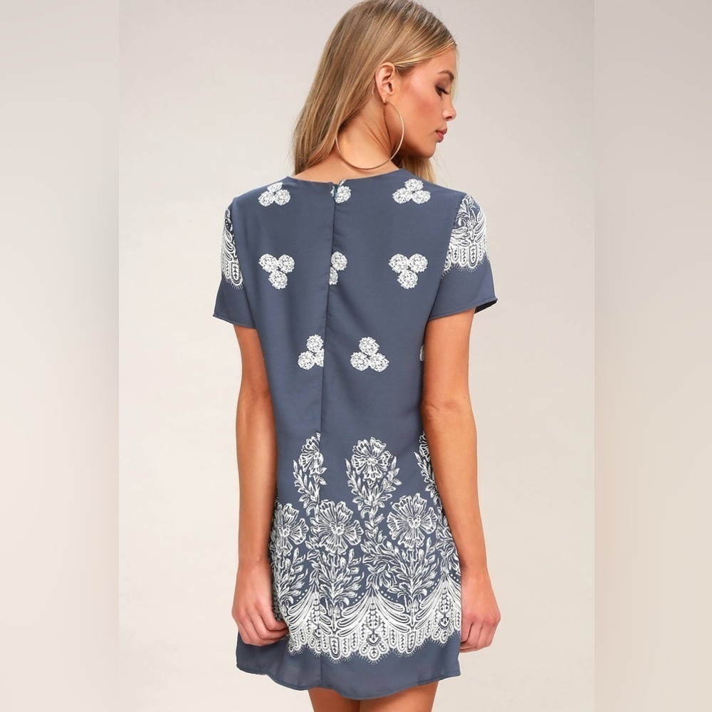 Lulus Riverside Slate Blue Floral Print Shift Dress size Small - Picture 3 of 7